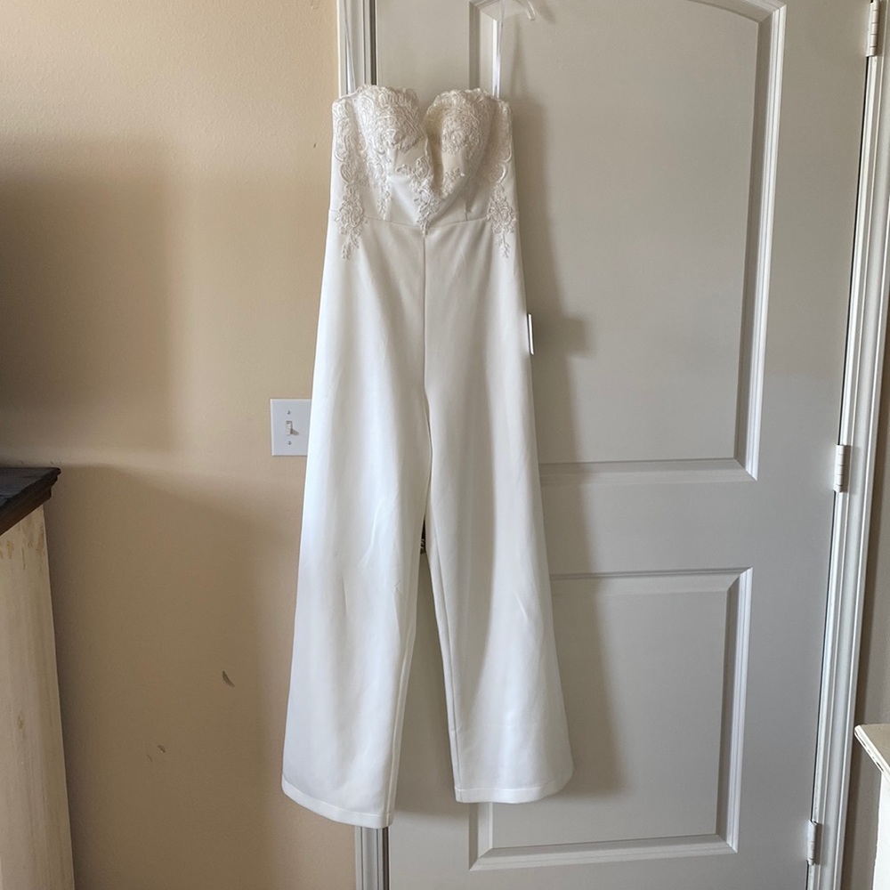 Lulus- All Your Heart White Lace Strapless Jumpsuit- Size: Small
